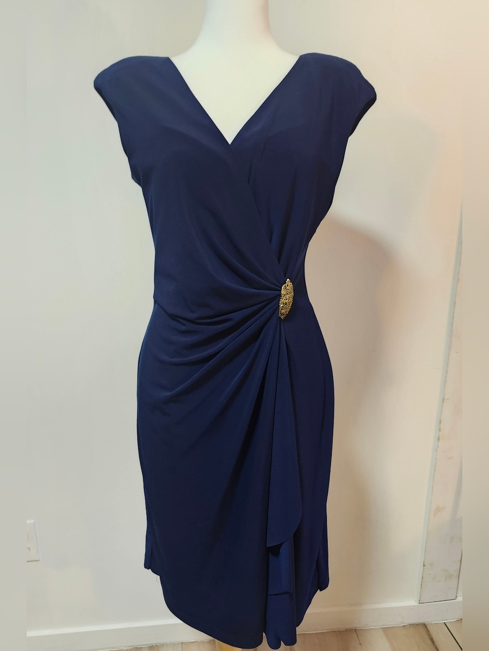 Vintage American Living Navy Draped V-Neck Women’s Dress with Gold Accent